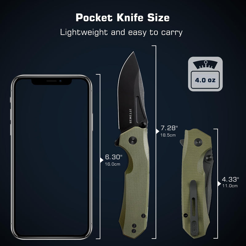 REMETTE EDC Pocket Knife Rhino,3" D2 Steel Blade Durable G10 Handle, Folding Pocket Knives with Reversible Pocket Clip, Sharp Camping Hiking Pocket Knife for Men Green