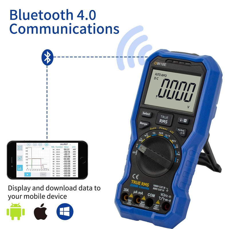 OWON OW18E Bluetooth Digital Multimeter, 20000 Counts True RMS Voltmeter, Auto-Ranging Current Amp Resistance Diodes Continuity, Data Logger, Thermometer, Offline Recording O-18E