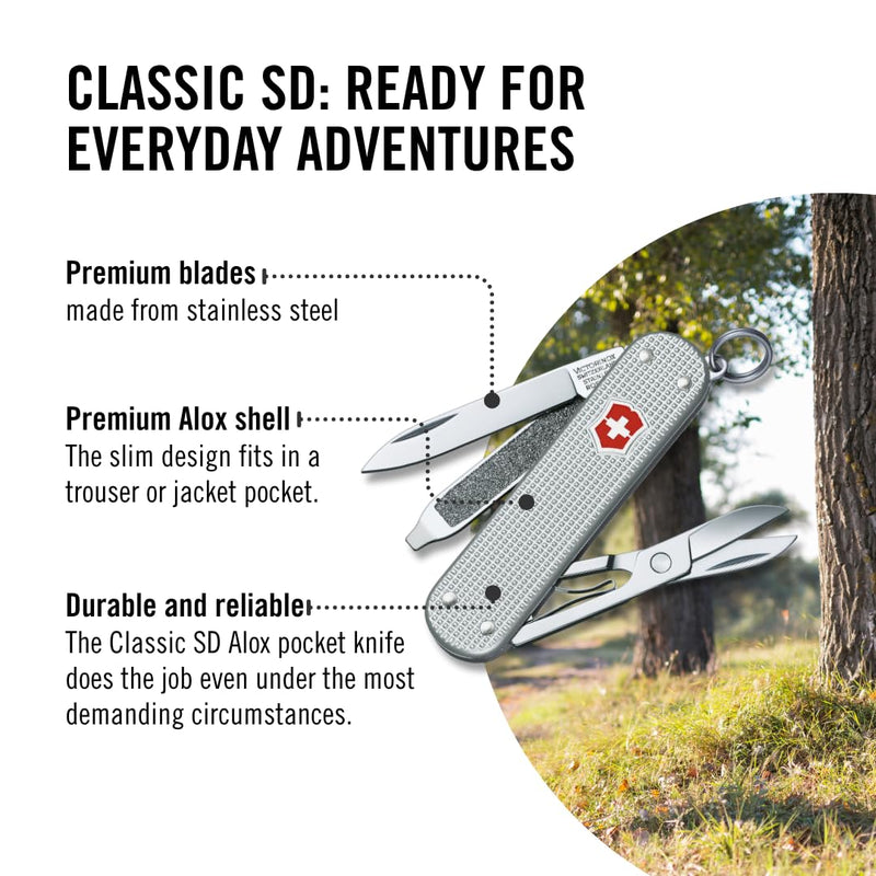 Victorinox Swiss Army Classic Pocket Knife (Silver Alox) | Swiss-made pocket knife, 5 functions, silver Alox scales, keychain carry, everyday tasks, compact EDC Classic SD Alox