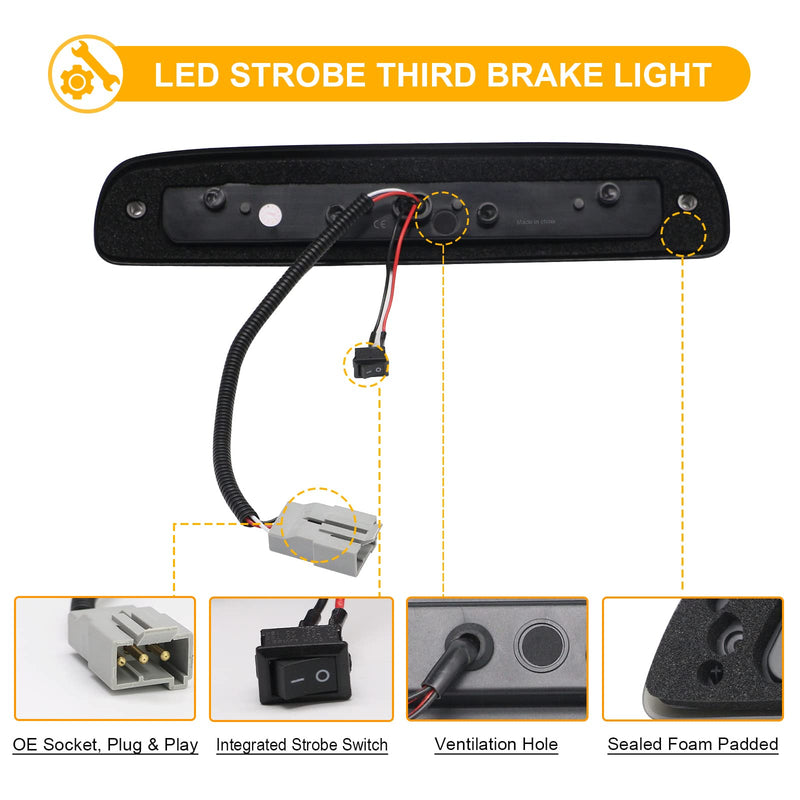 R&F Auto Led Strobe Third Brake Light Replacement for 1999-2016 F250 F350 F450 F550 Super Duty, for Ranger 1993-2011, 3rd Brake Light High Mount Stop Light + White Cargo Light with Seal Gasket M, for F250/F350/F450/F550 (1999-2016) Smoked