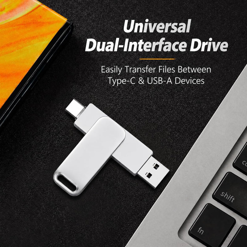 USB C Flash Drive 256GB, 2-in-1 Dual OTG Thumb Drive Memory Stick 256G, Silver Swivel Metal Jump Drive 256 GB Compatible with Type-C Smartphones, Tablets, Laptops