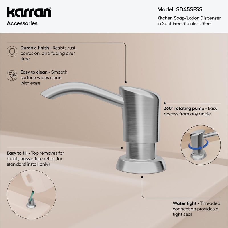 Karran SD45 Kitchen Soap Dispenser, Built-in Countertop Soap/Lotion Pump with 47" Extension Tube for Large Bottles, Dual Refill System, Commercial-Grade Durability in Spot Free Stainless Steal