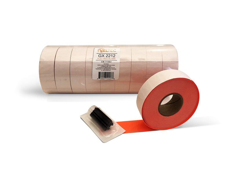 Veltec 2212 Fluorescent Red Pricing Labels for Garvey and Contact 22-6, 22-7, 22-8 Price Gun/Labelers, Free Ink Roller – 9 Rolls, 11,000 Labels with Security Slits