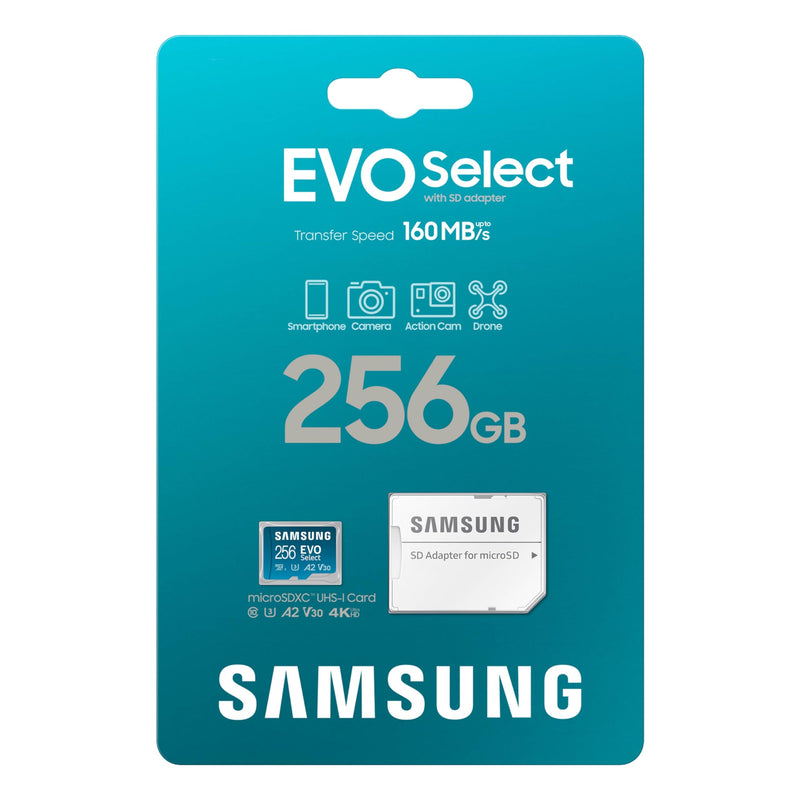 SAMSUNG EVO Select MicroSD Memory Card + Adapter, 256GB microSDXC, Speeds Up to 160 MB/s, UHS-I, C10, U3, V10, A2, Upgrade Storage for Phones, Tablets, Nintendo-Switch, MB-ME256SA/AM New Generation - up to 160 MB/s