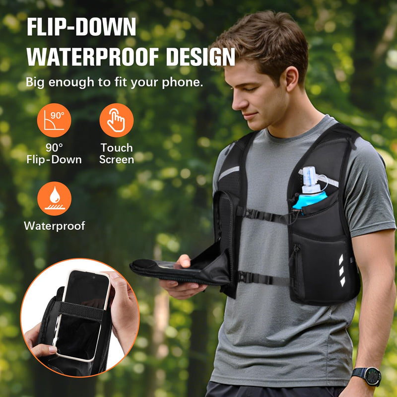 Running Vest for Women Men, Phone Pocket Running Hydration Vest with 500ML Soft Flask, Adjustable Chest Waist Straps, 10 Pockets Reflective Breathable Hydration Vest for Hiking, Biking, Marathon Medium - Large
