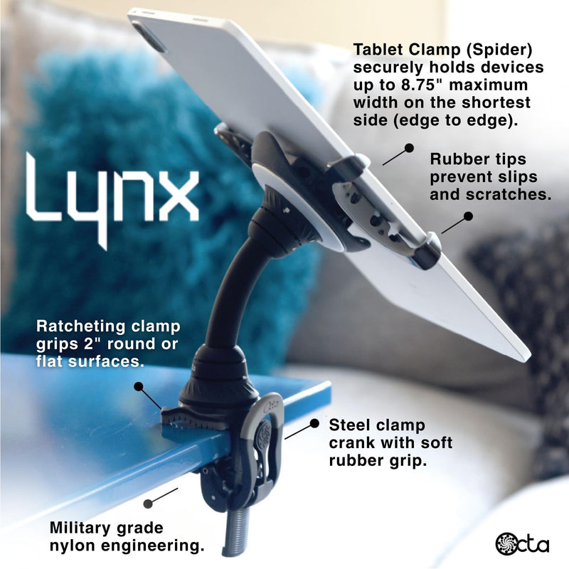 OCTA Lynx Modular Tablet Mount – Clamp-On Gooseneck Stand for iPad, Kindle, Galaxy, Surface – Fits 5”–13” Devices – Portable Tablet Holder for Desk, Treadmill, Music Stand, Bed, Travel
