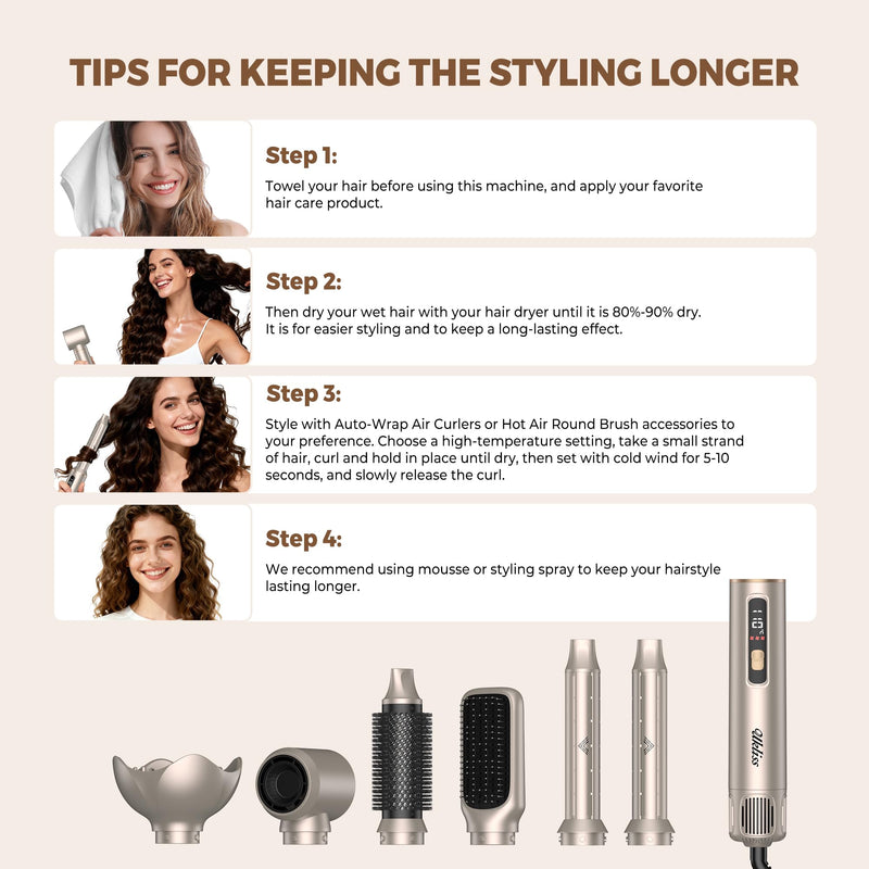 UKLISS 6 in 1 Hair Styler | Hair Dryer Brush with LCD Hair Curler Airflow | Airbrush 6 in 1 Airstyler Mit Hair Straightener, Thermal Brush, Hot Airbrush, Multistyler Gifts Set for Women Hair Styling Gold