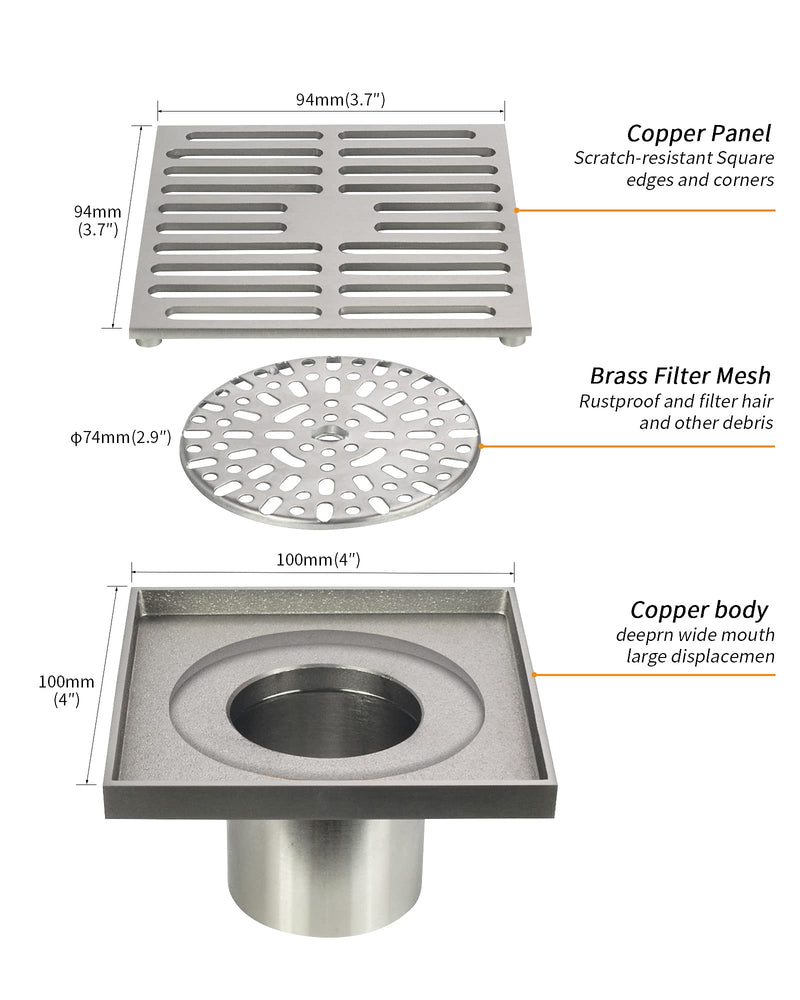 PHASAT Brass Floor Drain Contemporary 4 inches Square, with Removable Strainer,Brushed Nickel,80601N Brushed Nickel