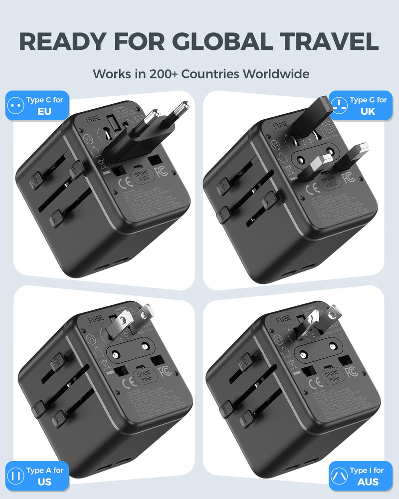 Universal Travel Adapter with Dual AC Outlets, 4 USB Ports, 2500W | 3 USB-C & 1 USB-A Ports, Charge 6 Devices, Compact Design, EU/US/UK/AU Plug Adapter for 200+ Countries