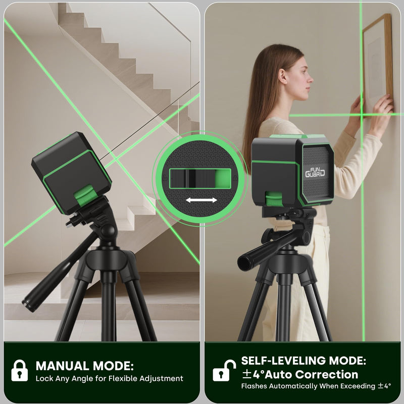 Green Laser Level with Adjustable Tripod Self-leveling& Manual Mode Horizontal and Vertical Lazer Level, 2xAA Batteries for Construction Home Decoration DIY etc. Green With Tripod