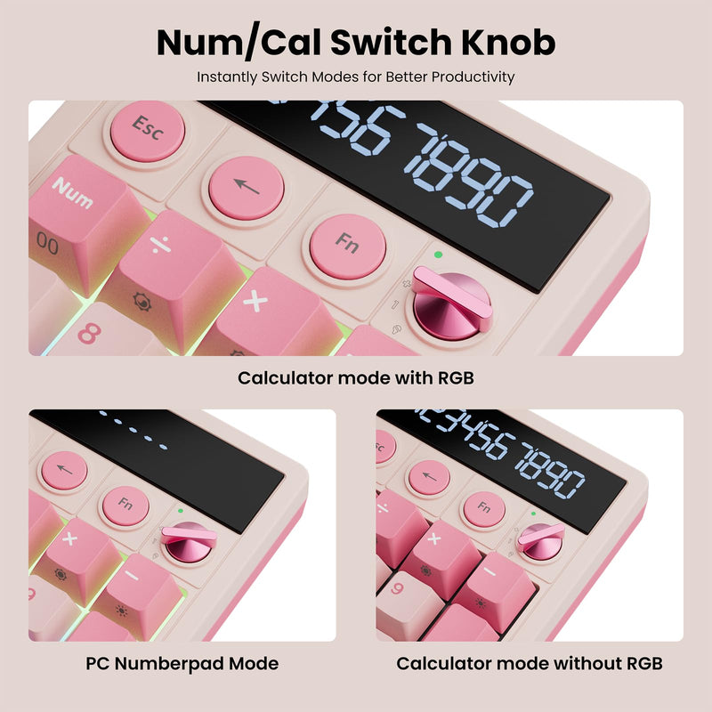 RK ROYAL KLUDGE M20 Wireless Number Pad, Mechanical Numpad with LCD Display, PC Numpad & Calculator Modes, Programmable Numeric Keypad, Bluetooth/2.4G/Wired, RGB Hot-Swappable for Win/Mac Pink Linear Creamy Switch