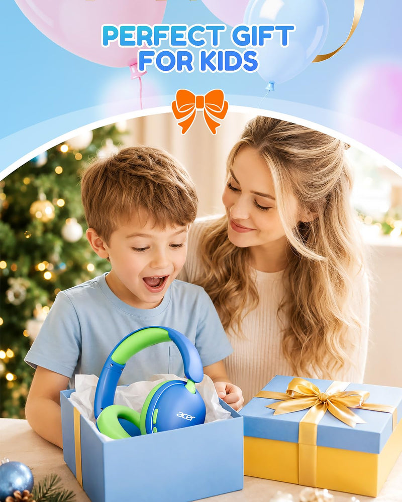 Acer OHR727 Kids Bluetooth Headphones Travel, Over‑Ear Comfort Design | 85dB Safe Volume, 110H Playtime with LED Lights, Bluetooth 6.0, Built-in Mic, for iPad Tablet Travel School Blue Green