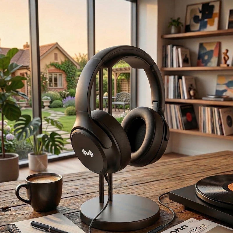Wired Over-Ear Headphones, Mic, 3.5mm Plug, USB-C Adapter, Black | Foldable, adjustable headphones with soft cushions, inline mic, 3.5mm plug, and USB-C adapter for laptop, phone, and travel.