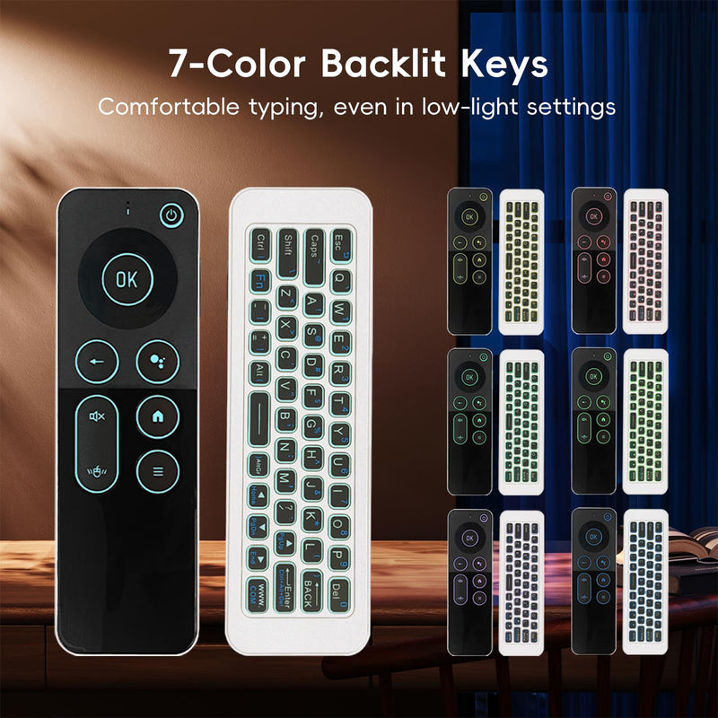 Air Mouse with Backlit Keyboard, Bluetooth & 2.4G | Rechargeable USB-C • 7-Color Backlit • 6-Axis Gyro • IR Learning • Android TV, PC & Smart TV Compatible