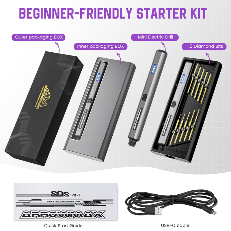 AM ARROWMAX Mini Electric Drill Pen, 13 in 1 with Aluminium case, Rechargeable, 900 RPM, Needle Vise Hand Drill Kit, 10 HSS Bits, DIY, Wood, Jewelry Making (SDS MINI) SDS MINI