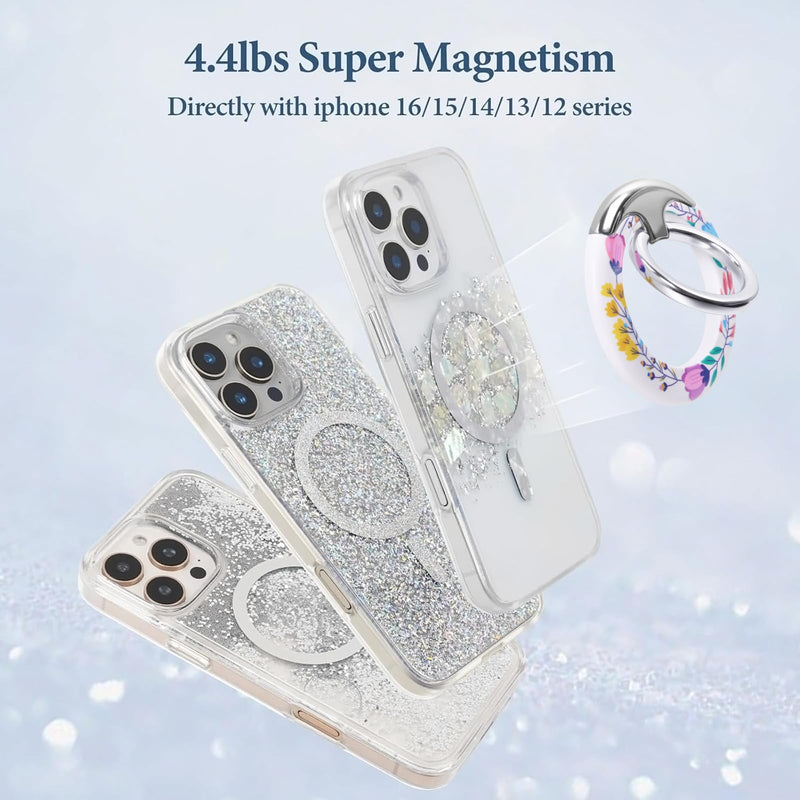 Magnetic Phone Ring for MagSafe Grip, Super Magnet Twinkle Design Ring Holder Stand, MagSafe Accessory for iPhone 17/16/15/14/13 Pro Max Plus，Enchanted Floral Twinkle Silver