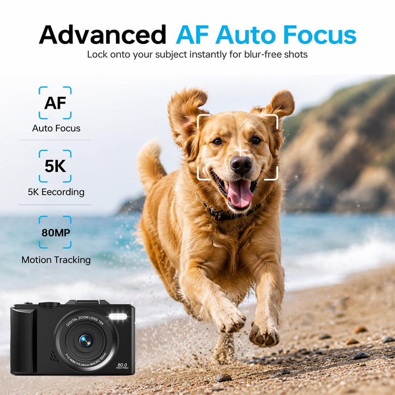 5K Digital Camera, 80MP 18X Autofocus Video 3.0" IPS LCD Flip Screen Vlog Camera for YouTube, 32GB SD Card USB 2.0 Detachable Rechargeable Li Battery Anti-Shake Compact Camera for Party Beginner Black