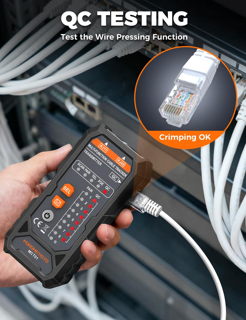 MCT01 4-in-1 Network Cable Tester – POROMETISTO Ethernet Tester with PoE, NCV, Tone Tracing & Flashlight, RJ11 RJ45 Wire Tracer for Cat5/Cat6 Continuity, Telephone Line Polarity, Electrician Tool Kit