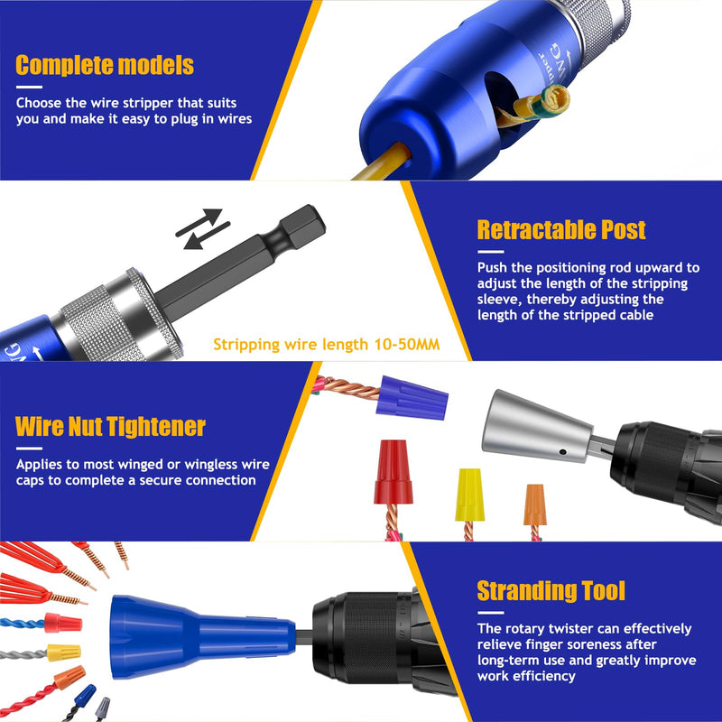 Wire Stripper Twister Tool for Drill, 2025 Upgraded Wire Stripping Tool & Wire Twisting Connector for Cutters 6-14 AWG, 8 In 1 Professional Electrician Twister Stripping with 5 PCS Blade