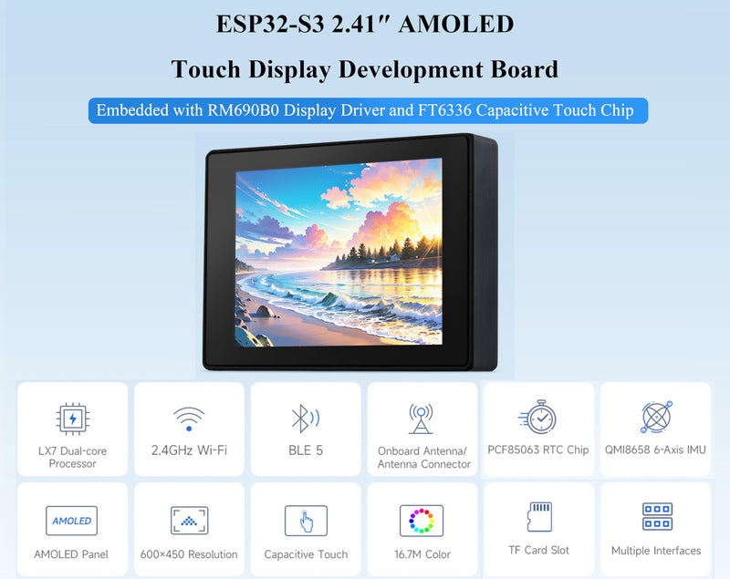 ESP32-S3 2.41inch AMOLED Touch Display Development Board, 600x450, 32-bit LX7 Dual-core Processor, Onboard Accelerometer and Gyroscope Sensor, ESP32 with Display (with Case Version)