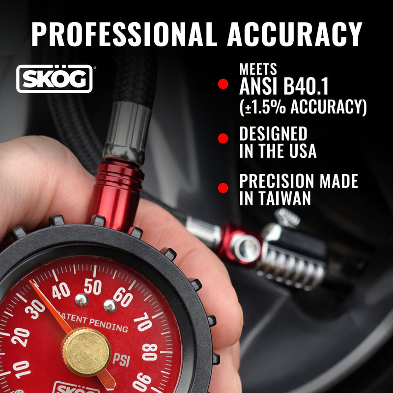 SKÖG Dual-Needle Tire Pressure Gauge 100 PSI | Leak-Free RatchetSeal Patented Quick-Connect | Cars, Trucks, Motorcycles, Bicycles | Battery Free Locking Chuck Tire Gauge 1 Pack