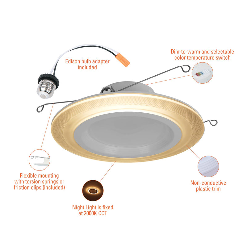 HALO RL Night Light 5/6 in LED Recessed Downlight with Night Light Mode, 1000 Lumens, Selectable CCT 2700K-5000K, Dim-to-Warm, Matte White - RLNL56109FSD2W1EWH 5/6 inch