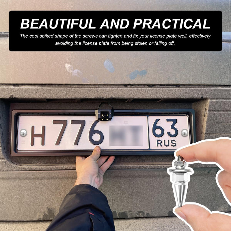 4 PCS Spikes License Plate Screws for Car, Anti Theft Spike Shape Aluminum Car Plate Frame Fastenings Bolt, Cool Licence Plate Screw Set for Car Truck Motorcycle, Car Accessories (Silver) Silver