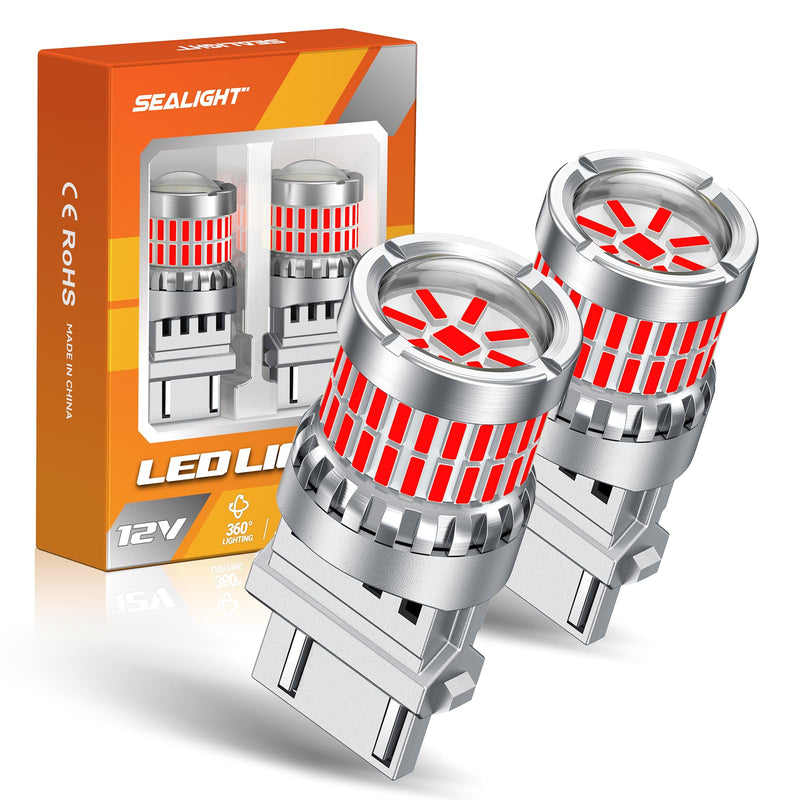 SEALIGHT Brake Light Bulbs 3157 LED Bulb Red, 700% Brighter 3156 3057 4157 4114 LED Bulb 57-SMD LED Chipset with Projector Len for Blinker Brake Light, Tail Light, Stop Parking Lights, Pack of 2