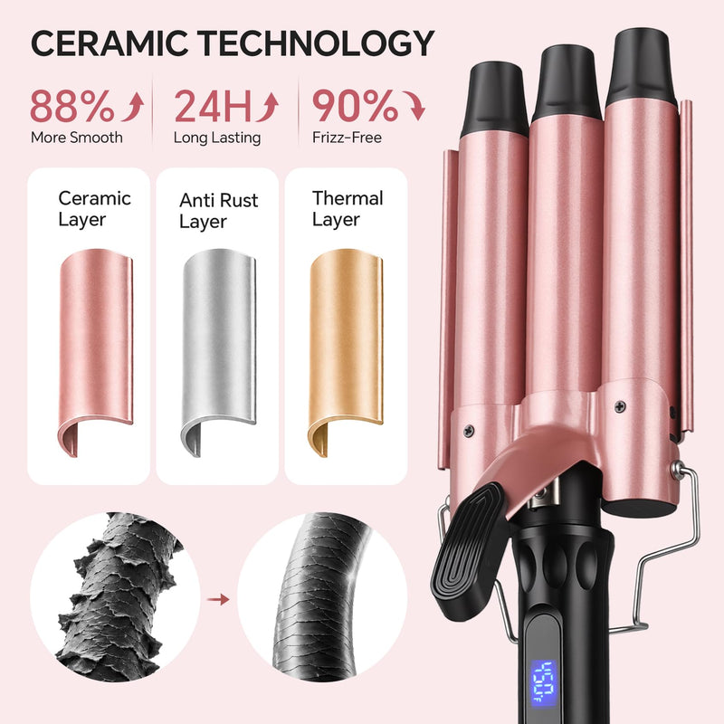 3 Barrel Hair Waver for Long or Short Styling, 25mm Hair Curler Crimper with 14 Temperature Settings 100-230°C, Ceramic Curling Iron Tongs Creates Mermaid Waves