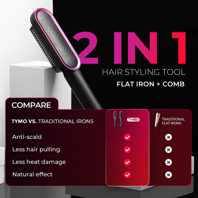 TYMO Hair Straightener Brush UK - Ring, Straightening Comb, Black | Flat Iron and Hair Brush 2-in-1, Anti-Scald, Fast Heating, 5 Temp Settings (130℃-210℃), Professional Salon at Home, Even Heat