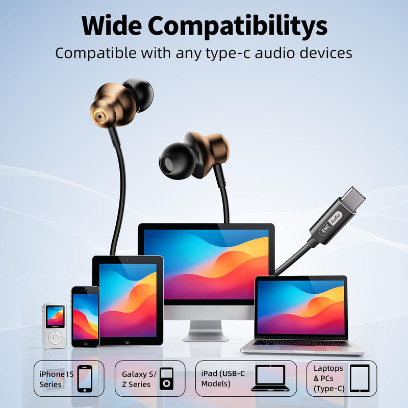 Wired Earbuds with ENC Noise Canceling Mic, Deep Bass Stereo Wired Earphones, Plug in USB C/Type C Headphones Compatible with iPhone 17/16/15, Samsung, Android, Gaming, Laptop, Clear Calls Brown USB Type C