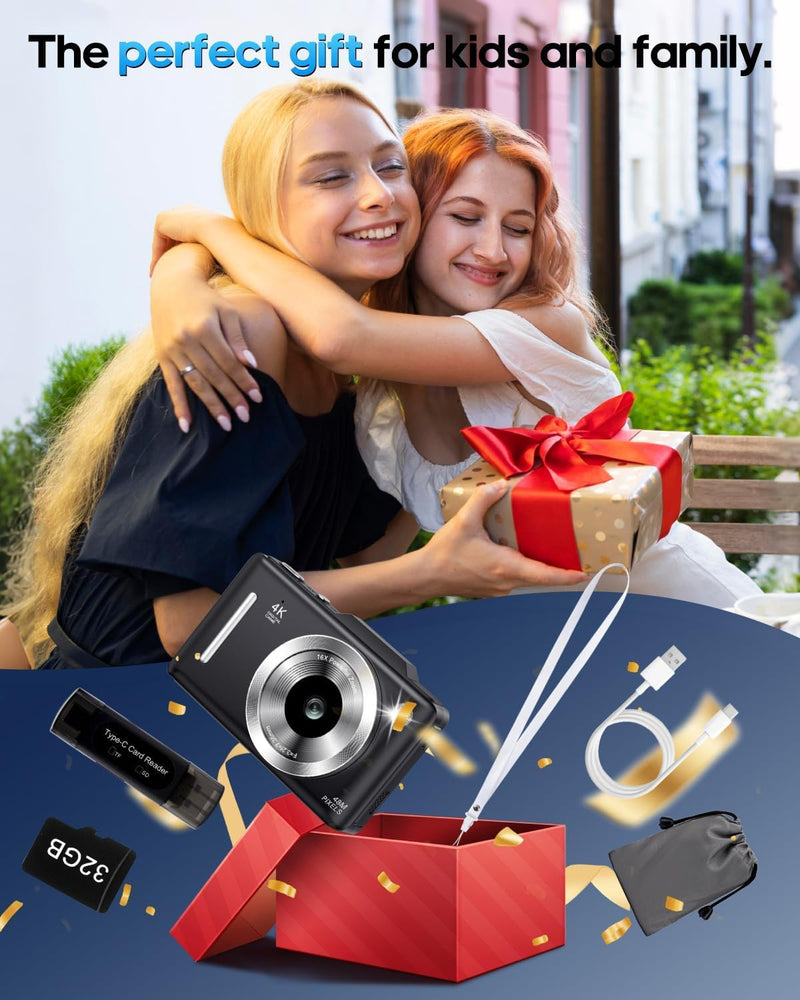 Digital Camera 4K for Kids-48MP Autofocus Vlogging Camera with 32GB Card, 16X Zoom, Anti-Shake, Compact Point and Shoot Camera for Teens Beginners, Birthday Gift Black