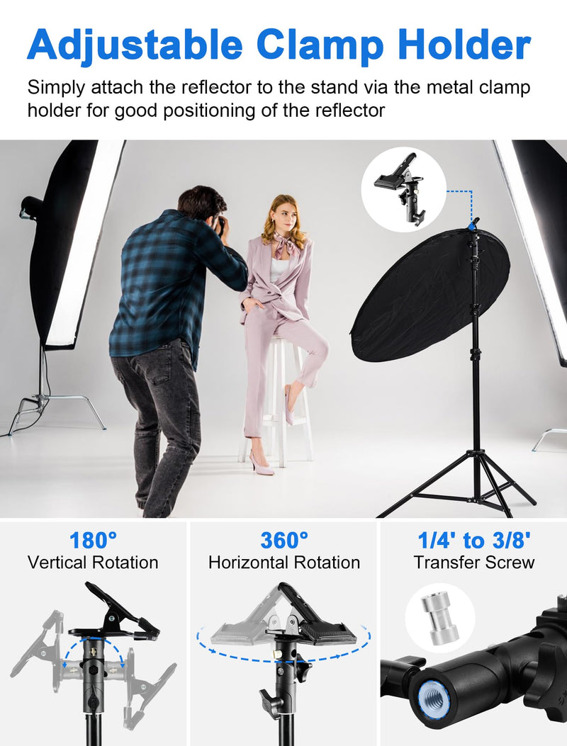 Selens Portable 24inch/60cm Light Reflector with Clamp,5 in 1 Collapsible Multi Disc Photography Reflector Translucent,Silver,Gold,White,Black for Studio Photography Lighting and Outdoor Lighting 5 in 1 24inch with clamp