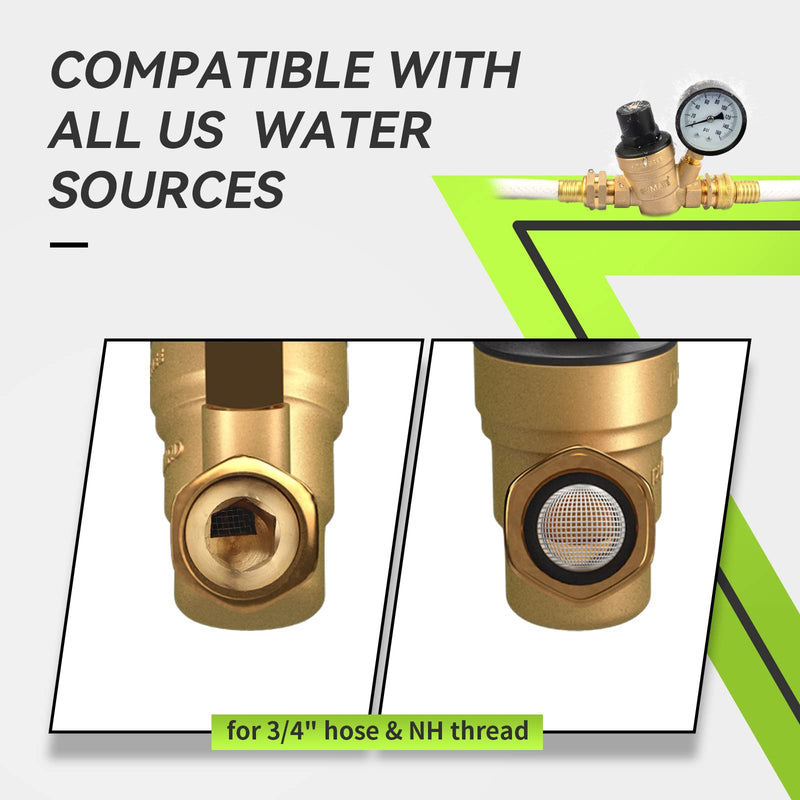 RVMATE RV Water Pressure Regulator, Brass Lead-Free Water Pressure Reducer Kit, Adjustable Valve with Inlet Screen Filter, for Camper Travel Trailer Adjustable 1.0