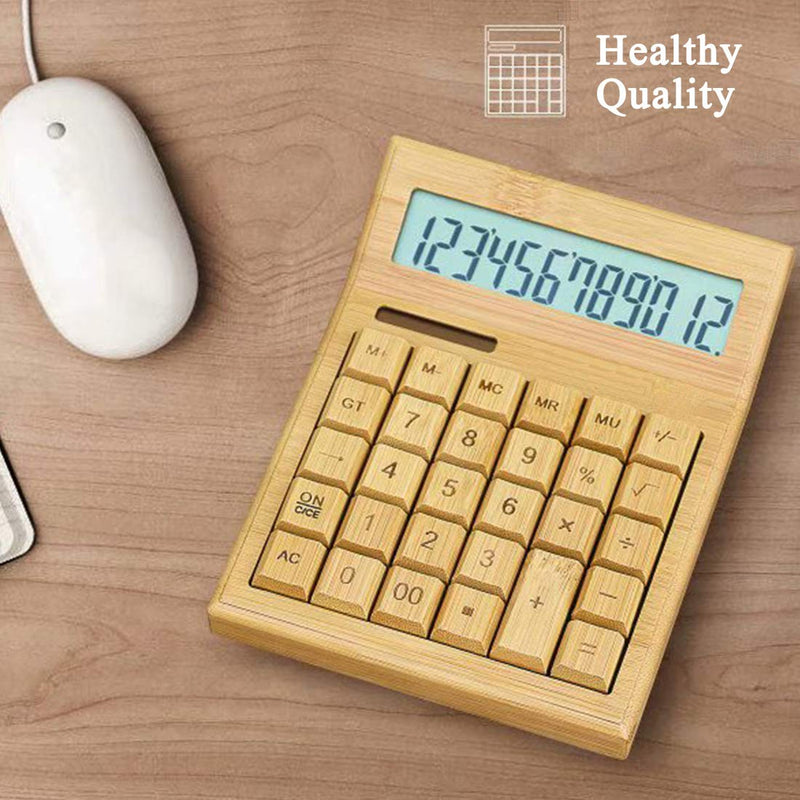 Omio Natural Bamboo Solar Multifunctional Wood Calculator - 12-Digit Large Display Desk Calculator with 29 Big Buttons for Home, Office, School, Store