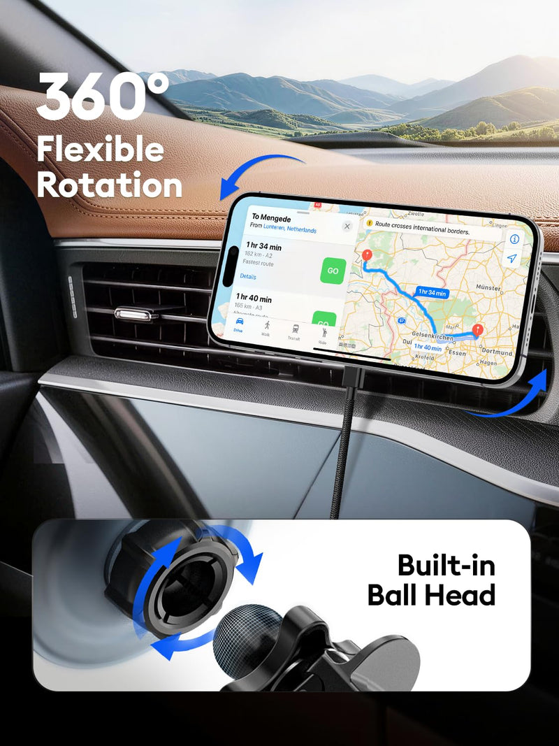 OHLPRO 25W MagSafe Car Charger Mount, Magnetic Wireless Car Charging Holder for iPhone 17 16 Pro Max Plus Pro Air, Vent Clip Phone Mount with 63W USB C Adapter, 360 Rotation, Gray