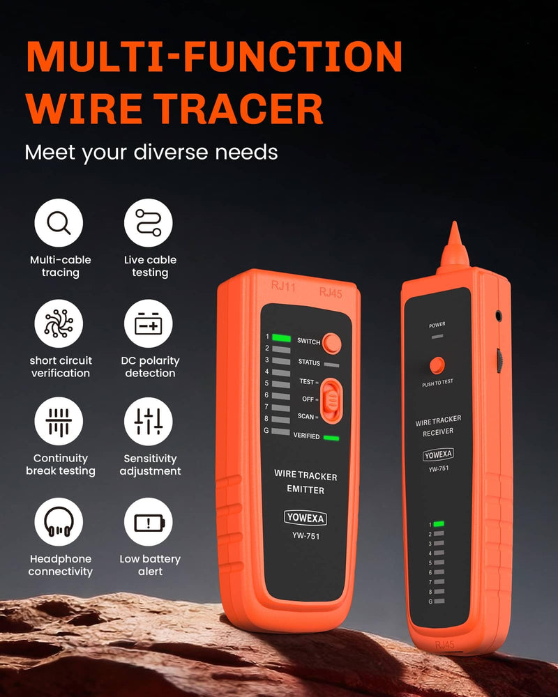 Ethernet Tester and Tracer for CAT5/CAT5E/CAT6/CAT6A/CAT7/UTP&STP | RJ45/RJ11, Digital Signal, Network Cable Verification, Polarity & Continuity Tester, Adjustable Sensitivity, Headphone Jack