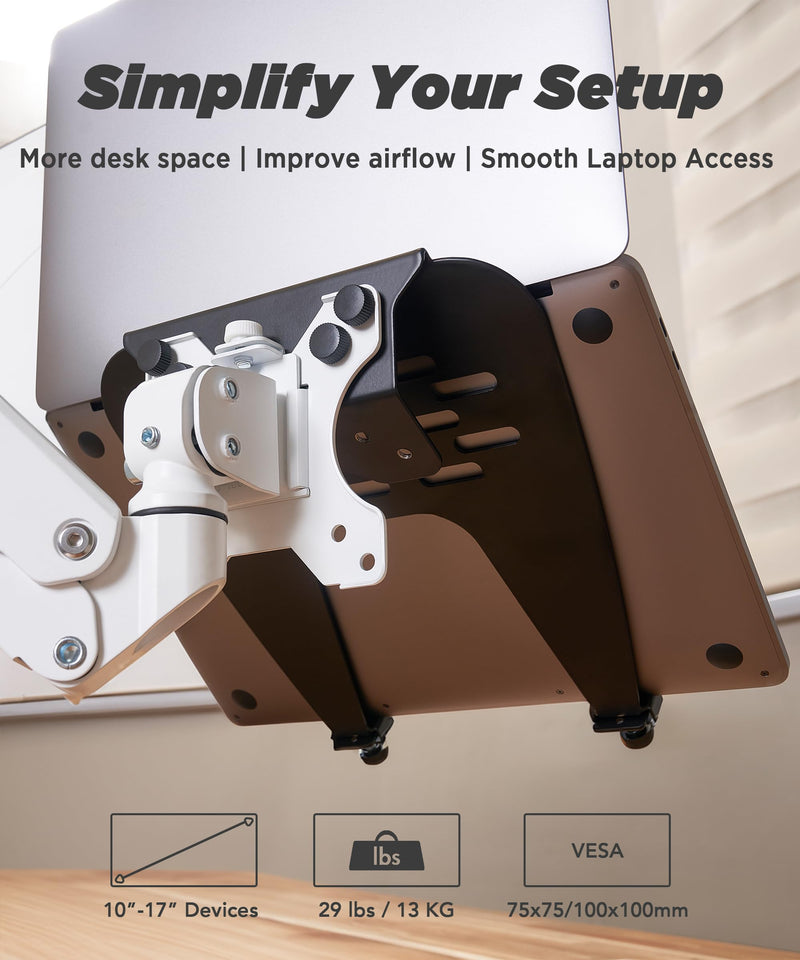 Laptop Tray Steel Notebook Holder for Monitor Arm Desk Mount Stand Fits VESA 75/100 Mounting Holes 29lbs Capacity with Vented Cooling Platform Smooth Laptop Access Design, Black, MAAC-L