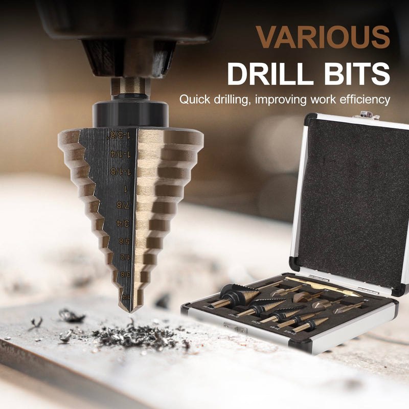 5 Pcs Step Drill Bit & 5 Pcs Countersink Drill Bit Set, Titanium High Speed Steel Step Drill Bit, 50 Sizes of Step Bits for Metal, HSS Step Bit with Aluminum Case for DIY, Multiple Hole Stepped Up Bit 11PCS Step Drill Bits Set