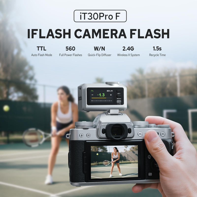 Godox iT30Pro-F Flash for Fujifilm, 2.8" Full-Color Touchscreen, 2.4G X Wireless TTL 1/8000 HSS Speedlight, 1.5s Recycle, 560 Full Power Flashes with Built-in Battery Portable Pocket Flash (Silver)