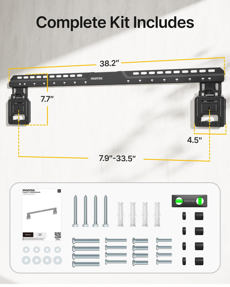 monTEK 0.35'' Ultra Slim TV Wall Mount for 50-100 Inch Flat & Frame TVs | up to 165 lbs, Low Profile Flush TV Mount, Micro Gap TV Bracket, Max VESA 850x800mm, Fits 16’’/18’’/24’’/32’’Studs 50-100 Inch TVs