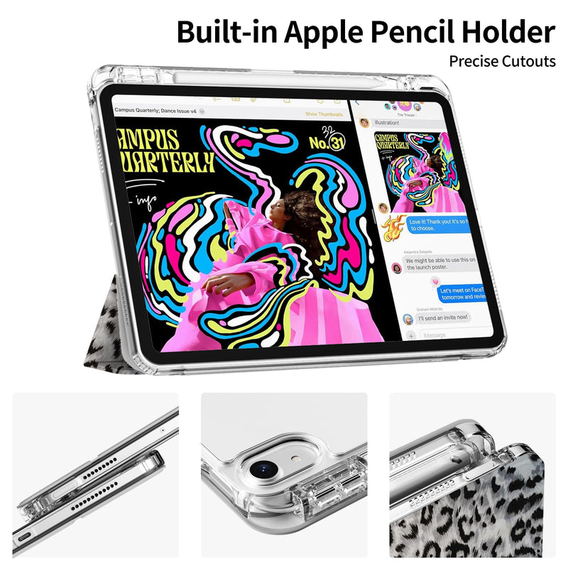 Case for iPad Air 11 Inch M4/M3/M2(2026/2025/2024), iPad Air 5th/4th Generation 2022/2020 10.9" Case, Stable Trifold Stand with Pencil Holder, Shockproof Clear Cover, Grey Leopard