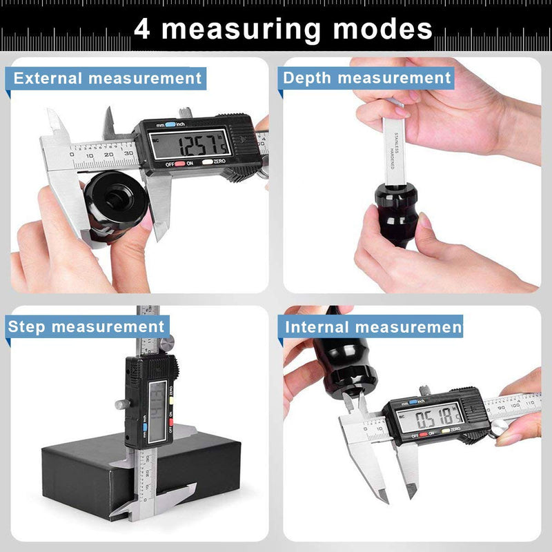 Caliper Measuring Tool, Qfun Vernier Digital Caliper Stainless Steel 6 Inch/150mm, Digital Micrometer Waterproof, Easy Switch from Inch to Millimeter, Large LCD Screen IP54-Black