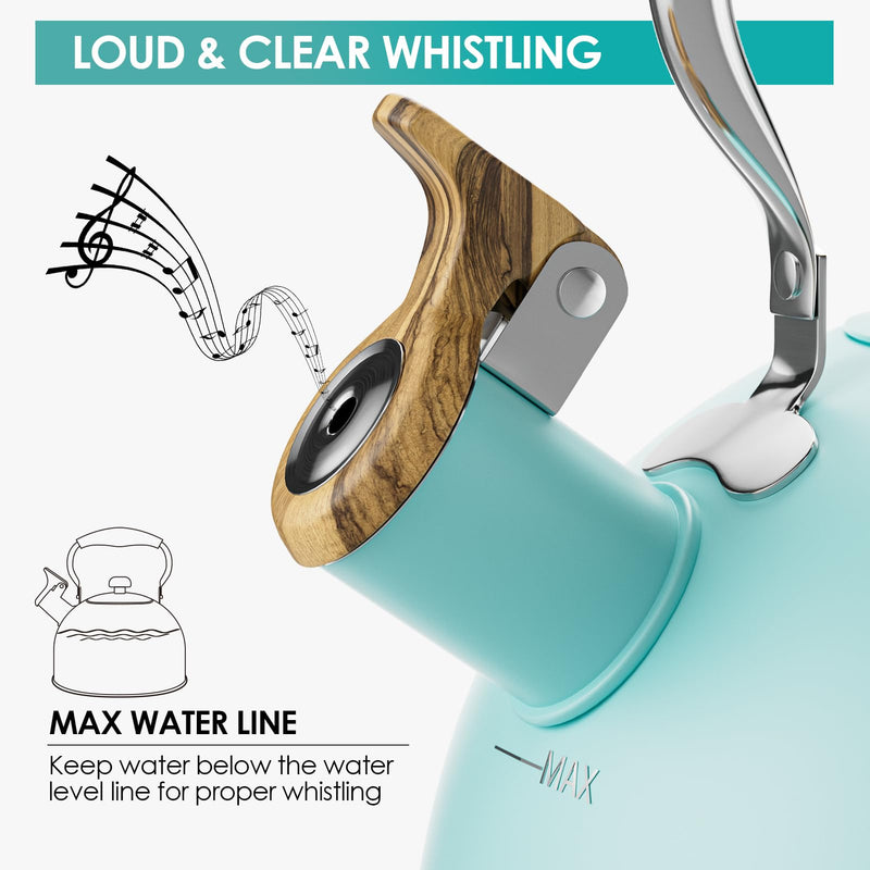 2.6 Quart Tea Kettle Stovetop Whistling for Stove Top, Blue | Food Grade Stainless Steel Tea Kettles with Cool Wood Pattern Handle, Induction Compatible 2.6 Quarts