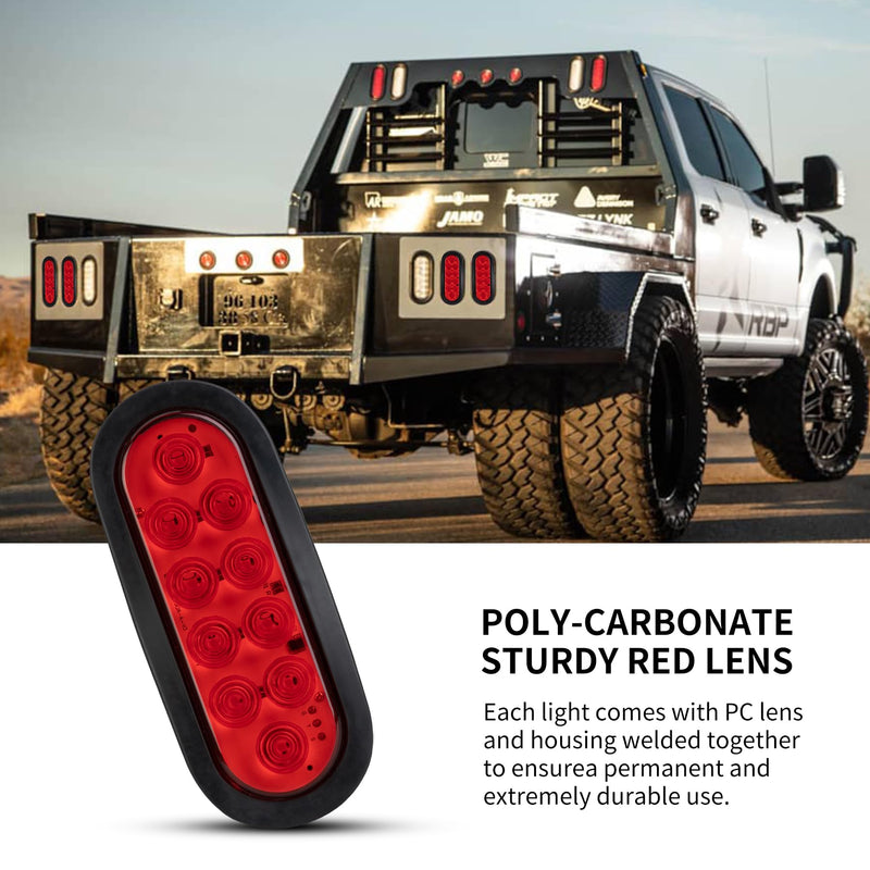 2PCS 6 Inch Oval Red LED Trailer Tail Lights, 10 LEDs Stop/Turn/Brake Lights with Surface Mount Grommets, DOT Certified IP67 Waterproof for Truck RV Boat Trailer Bus