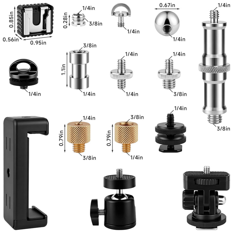 30Pack Camera Tripod Screw Mount Kit, 1/4" & 3/8" Camera Screw Adapter | with Ball Head, Cold Shoe Mount, Phone Clamp, Flash Hot Shoe Adapter for Camera, Tripod, Ring Light, Mic & LED Video Light