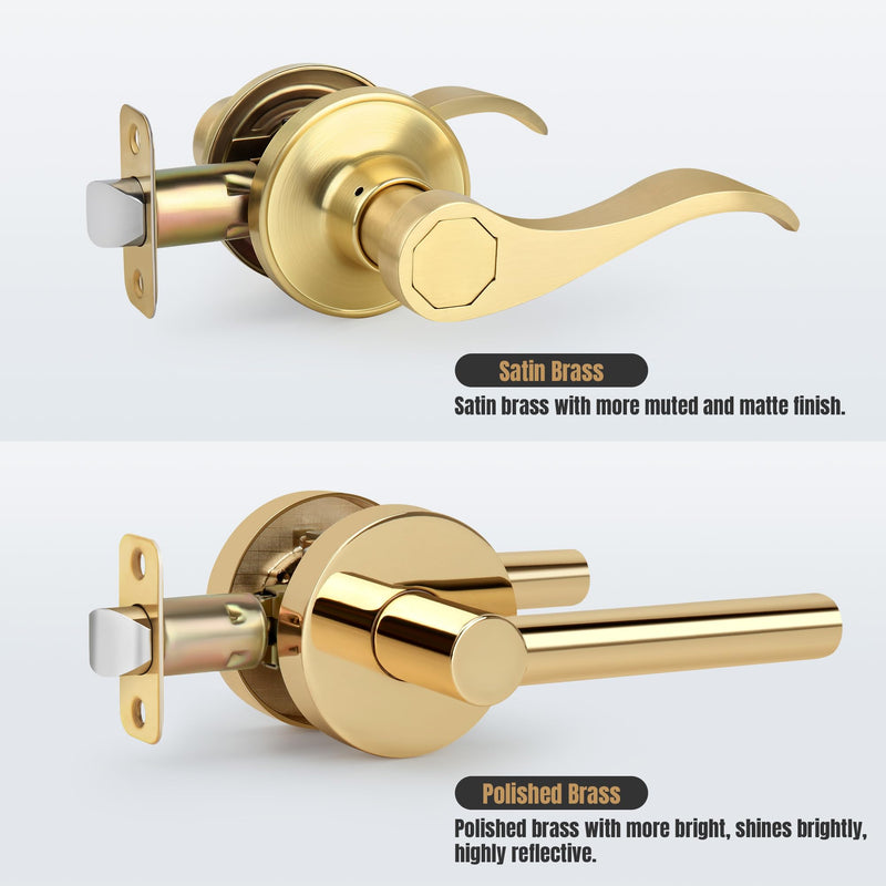 Brushed Gold Wave Style Passage Door Handle Without Keys, Non-Locking Door Lever for Hallway/Closet in Satin Brass Finish, No Lock Reversible Lever for Left/Right Doors 1 Pack Passage {Without Lock&Keys}