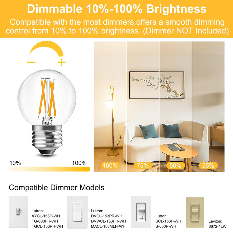BRIMAX 10 Pack G16.5 Light Bulbs Dimmable,Small LED Globe Bulbs,E26 Base 6W Equal 60 Watt 580lm, 2700K Warm White,AC120V,Flicker Free for Ceiling Fans Chandelier（1.97" W × 2.87" H） E26 6 W 2700K