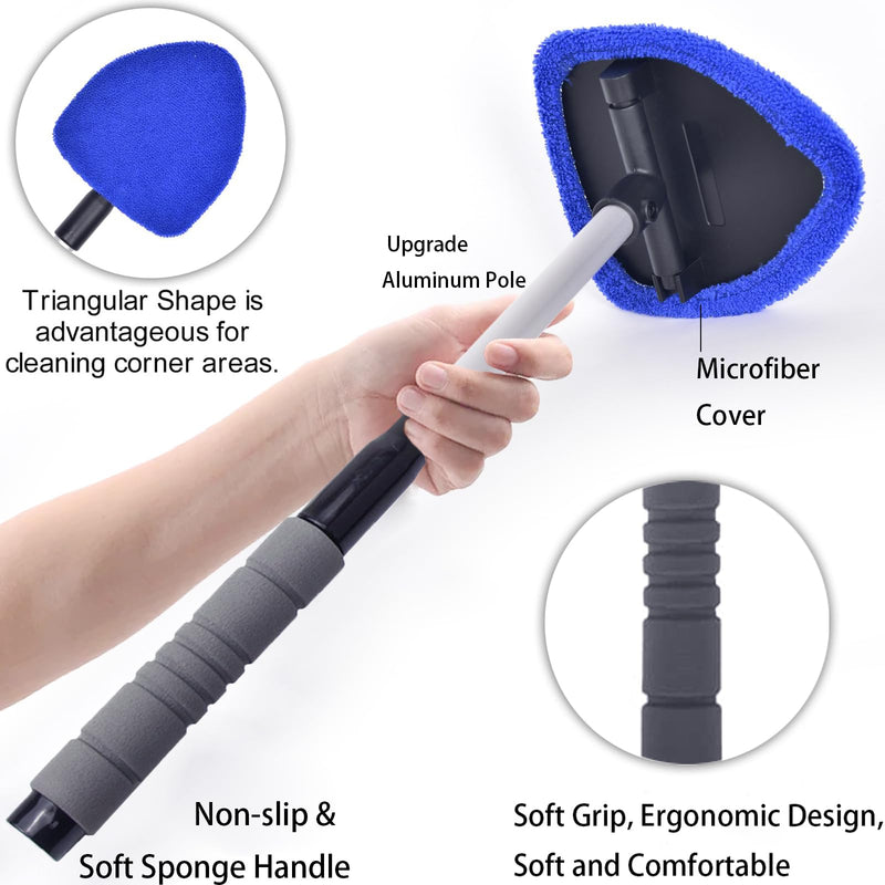 desin Windshield Cleaning Tool, Car Window Cleaner Windshield Cleaner with 4 Reusable and Washable Microfiber Pads and Extendable Handle Auto Inside Glass Wiper Kit Blue