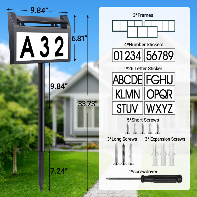 Solar House Number Sign, deerdance LED Illuminated Outdoor Address Plaque with Smart Control, 3-Color in 1 Waterproof Solar Powered House Number Light with Stakes for Outside Home, Yard, Street, House address sign-1 1 PC